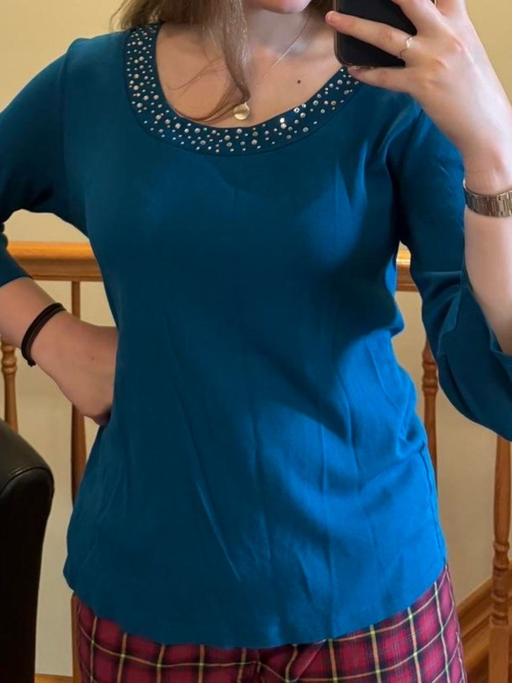 vintage blue style & co bedazzled/embellished top with a boat neck